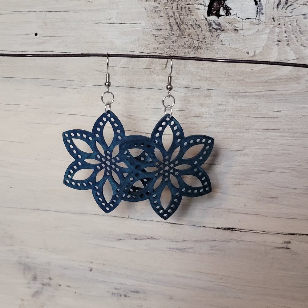 Wood Earrings - Teal Floral Star